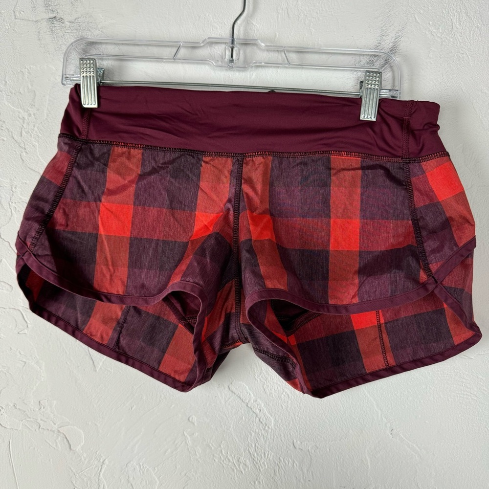 Lululemon Shorts Speed Plaid Print Yama Check Flaming Tomato Red Maroon Burgundy